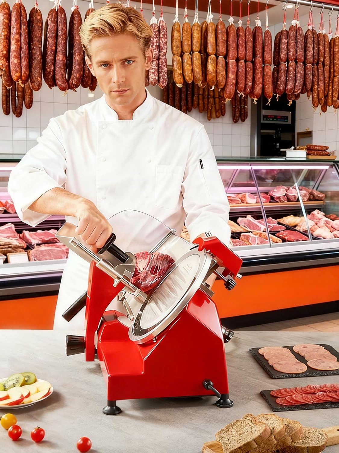 Trancheuse électrique - lame inox 25cm, 150W, épaisseur réglable, affûteur intégré