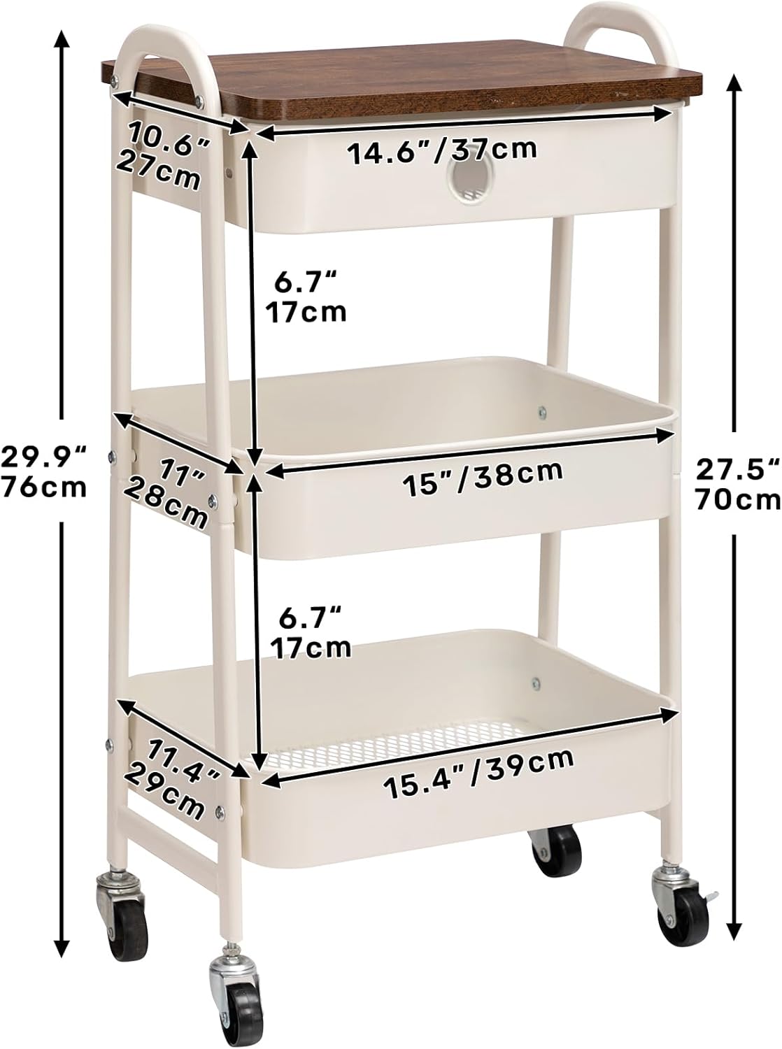 DOEWORKS - chariot rangement 3 niveaux, métal, tiroir, blanc, compact