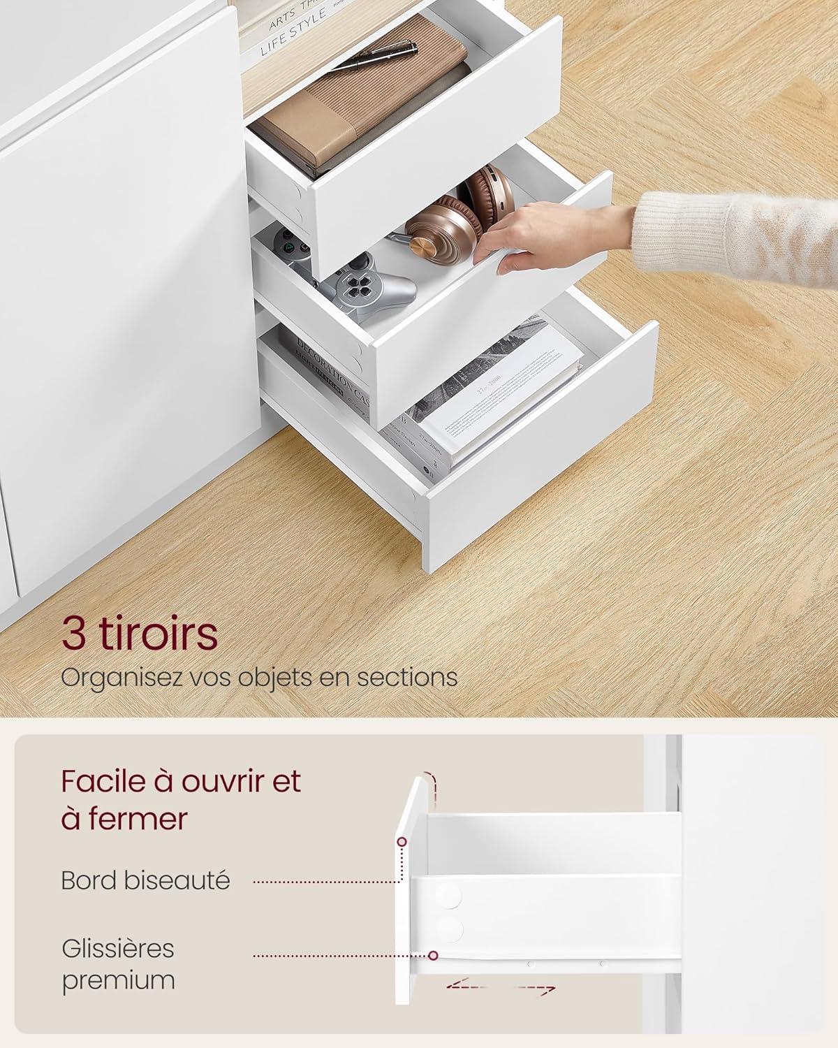 VASAGLE - Kailyn - 103,3x40x74,5 cm - buffet 3 tiroirs, étagère réglable BBK273W21V1