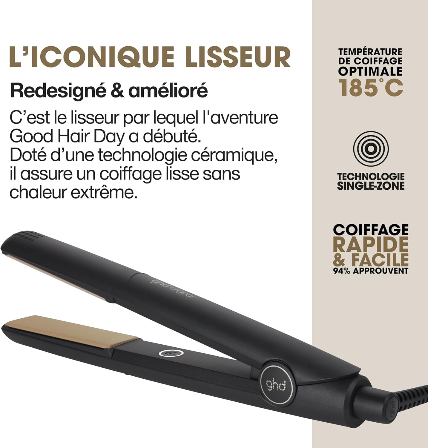 ghd - Lisseur Original - design arrondi, pro, tous cheveux, noir