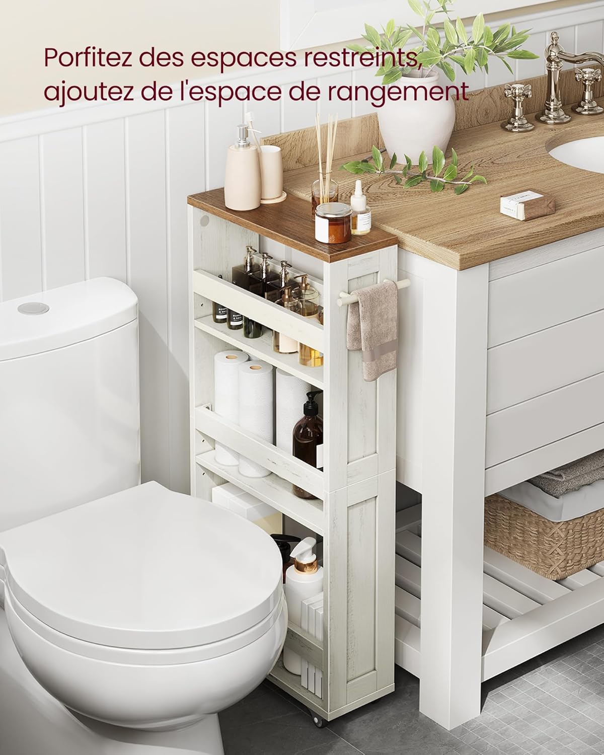 VASAGLE - chariot de rangement 4 niveaux - 15x43,2x86,5 cm - roulettes, poignée, blanc rustique et marron miel, LRC050K0