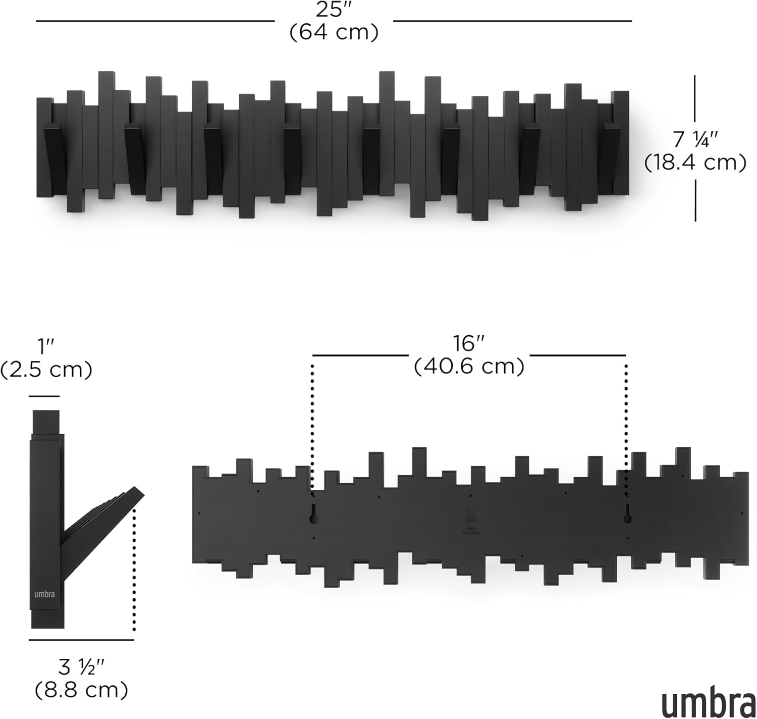 Umbra - Sticks - porte-manteau mural 8 crochets, design noir, compact