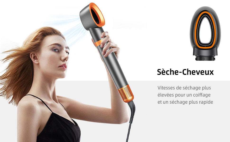 avec buse de forme ovale et touches orange. Une femme démontre son utilisation, en soufflant les cheveux. Le produit offre des vitesses de séchage plus élevées pour un coiffage plus rapide.