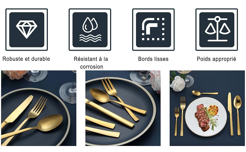 un ensemble de table avec des couverts en or et une assiette avec une cuillère et une fourchette.