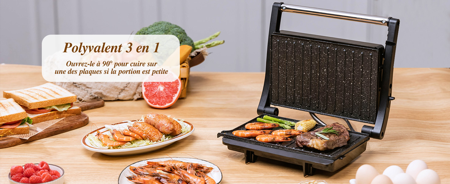 avec surfaces de cuisson antiadhésives. Montre des sandwichs cuisinés et des ingrédients. L'étiquette indique qu'il s'agit d'un appareil « Polyvalent 3 en 1 ».