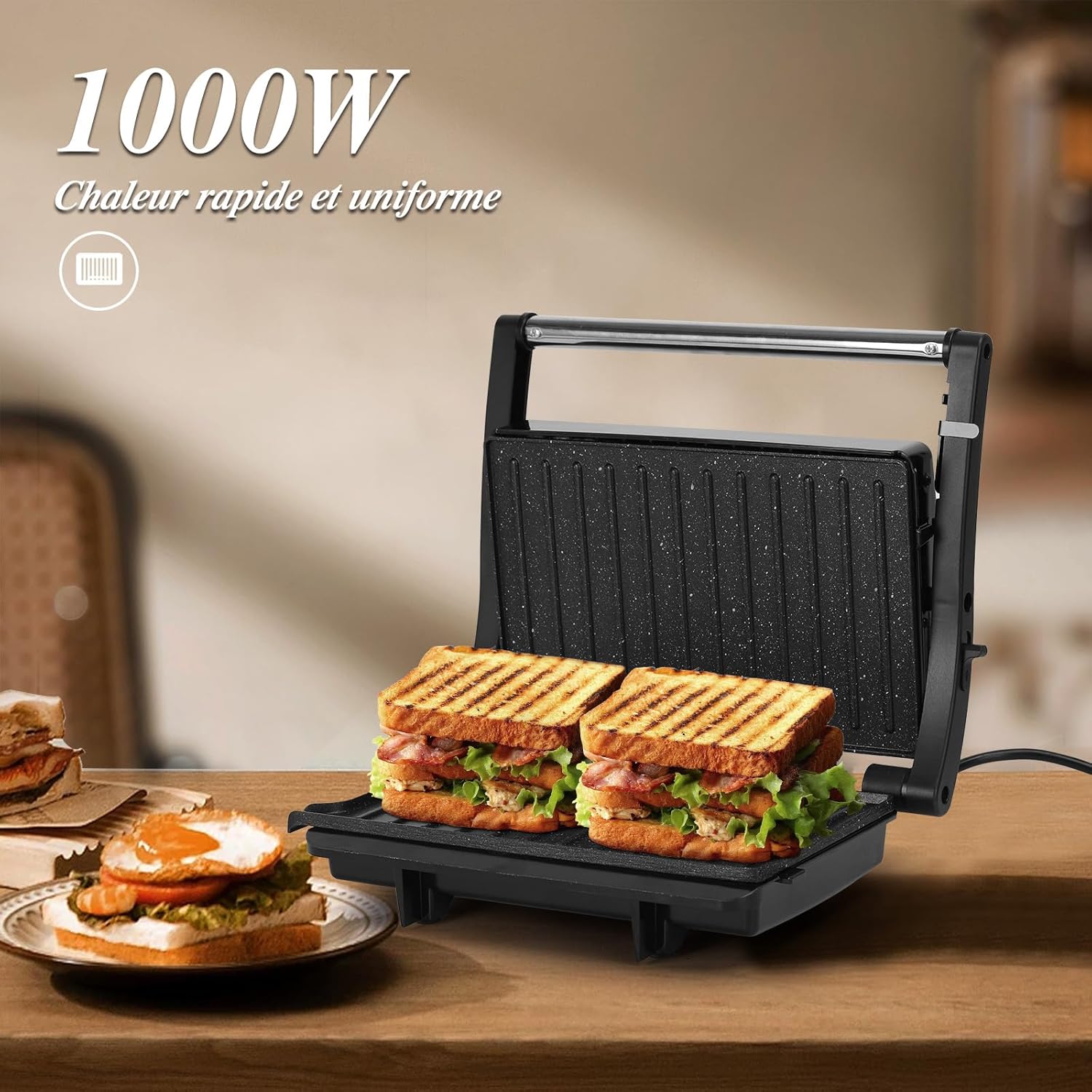 Aigostar - York Pro - grill panini 1000W, plaques antiadhésives, ouverture 180°