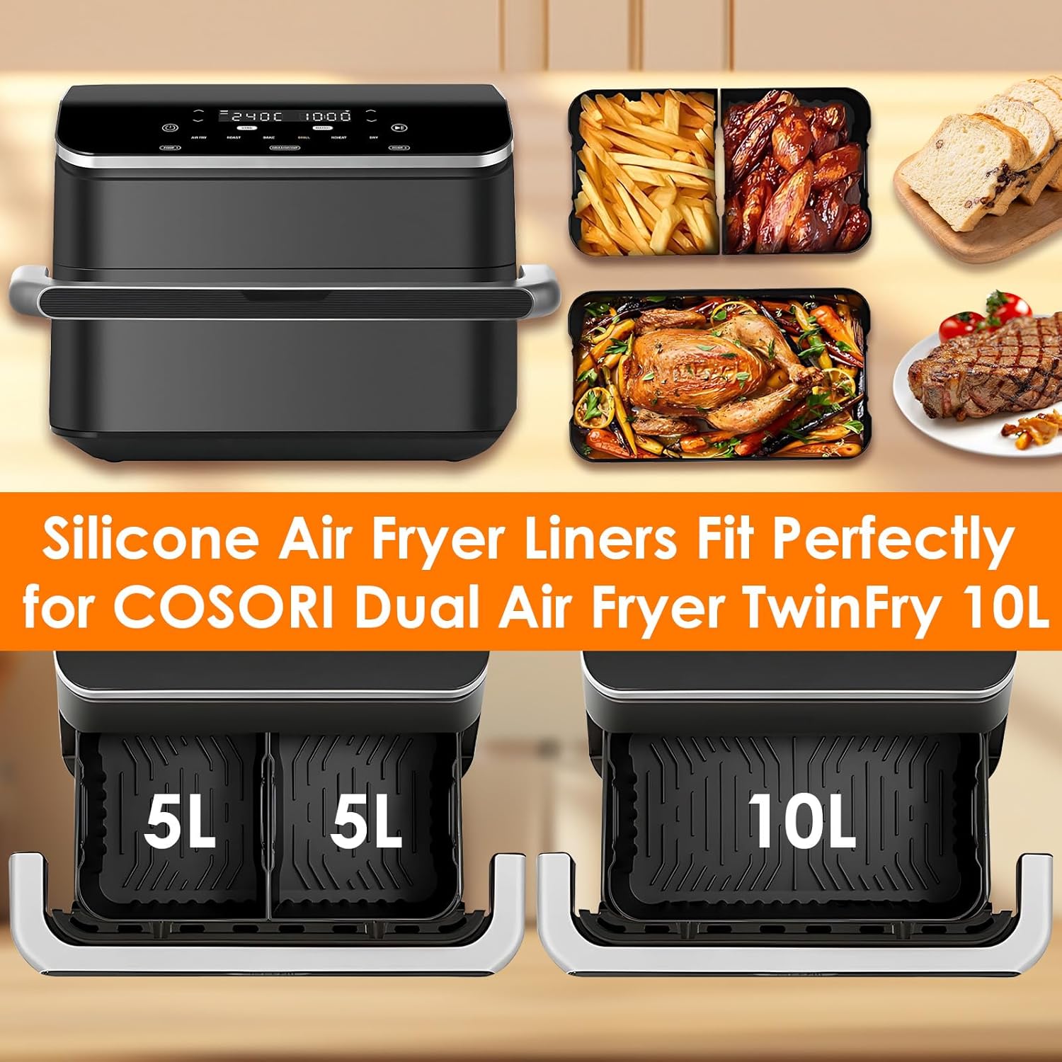Accessoires Air Fryer - silicone réutilisable, 1x10L + 2x5L, compatible Cosori 10L