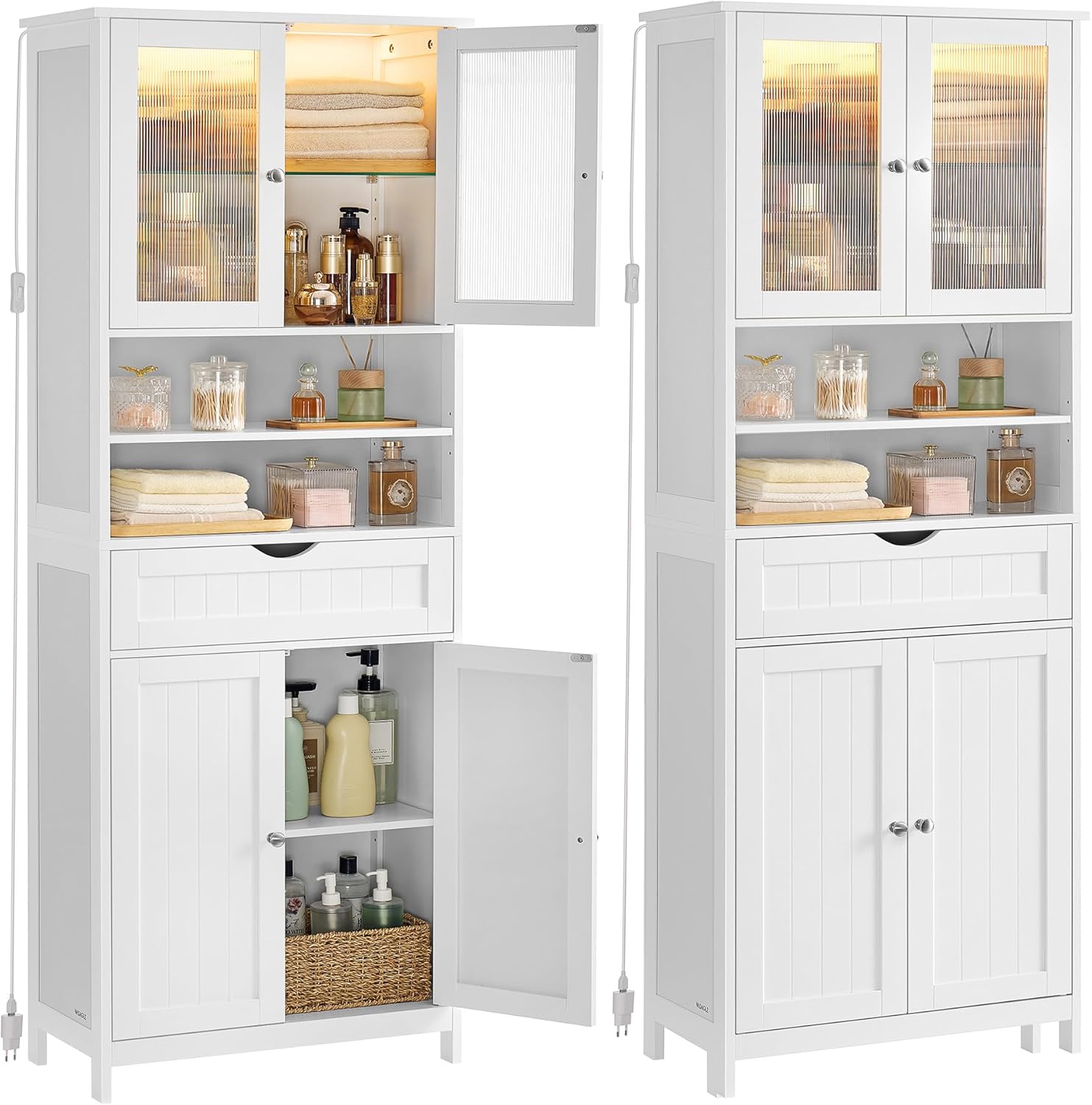 VASAGLE - armoire salle de bain, éclairage, étagères réglables, blanc, BBC767W03