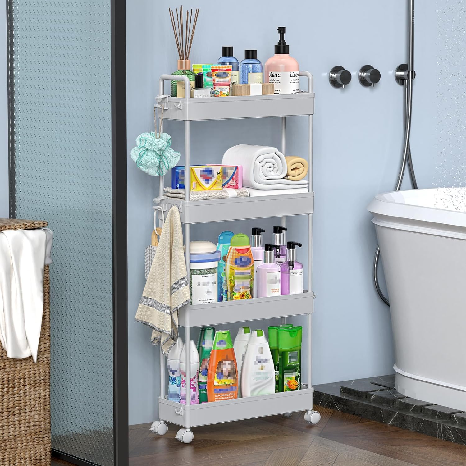 SOLEJAZZ – Chariot rangement 4 niveaux, plastique gris, mobile, cuisine/salle de bain/linge