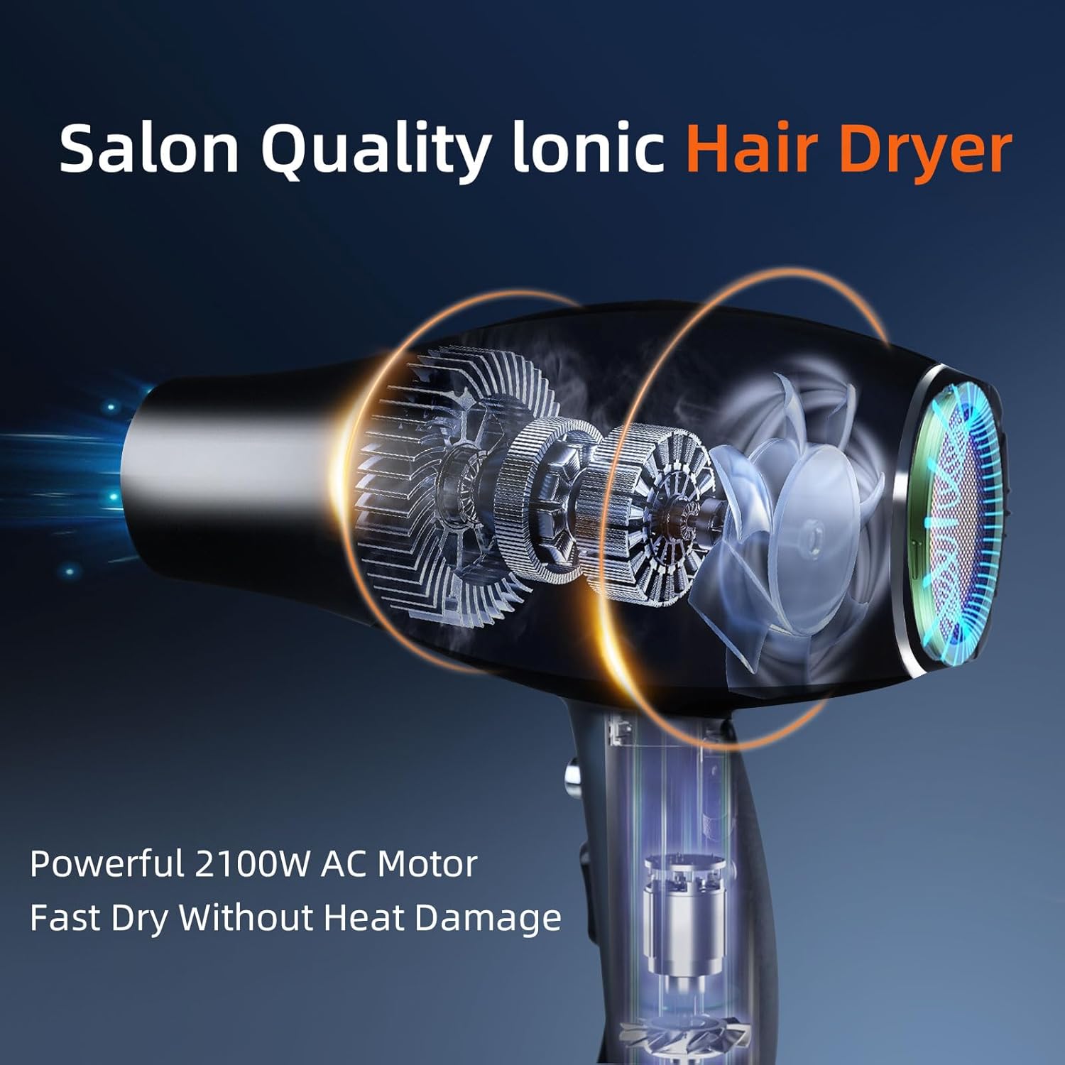 Sèche-cheveux ionique - 2100W - 2 concentrateurs, 4 peignes, diffuseur, bouton froid, Séchage rapide
