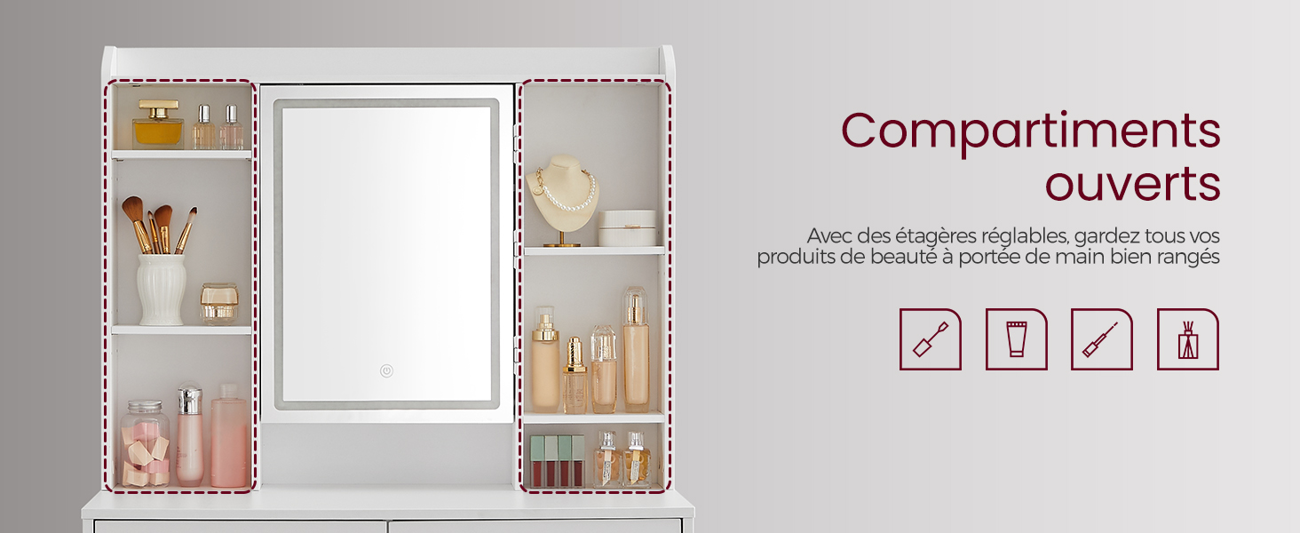 une armoire blanche avec un miroir et un miroir sur le côté.