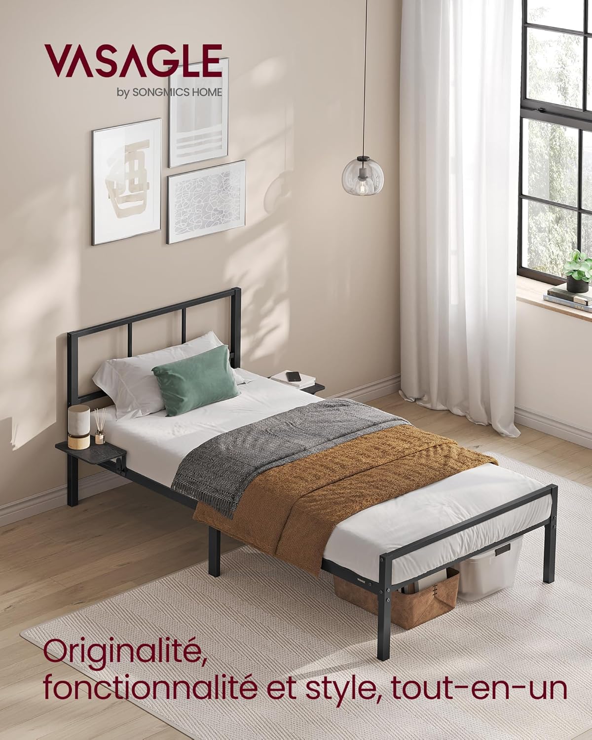 VASAGLE - cadre lit ado, métal, 90x190 cm, étagères, montage facile RMB191BD01