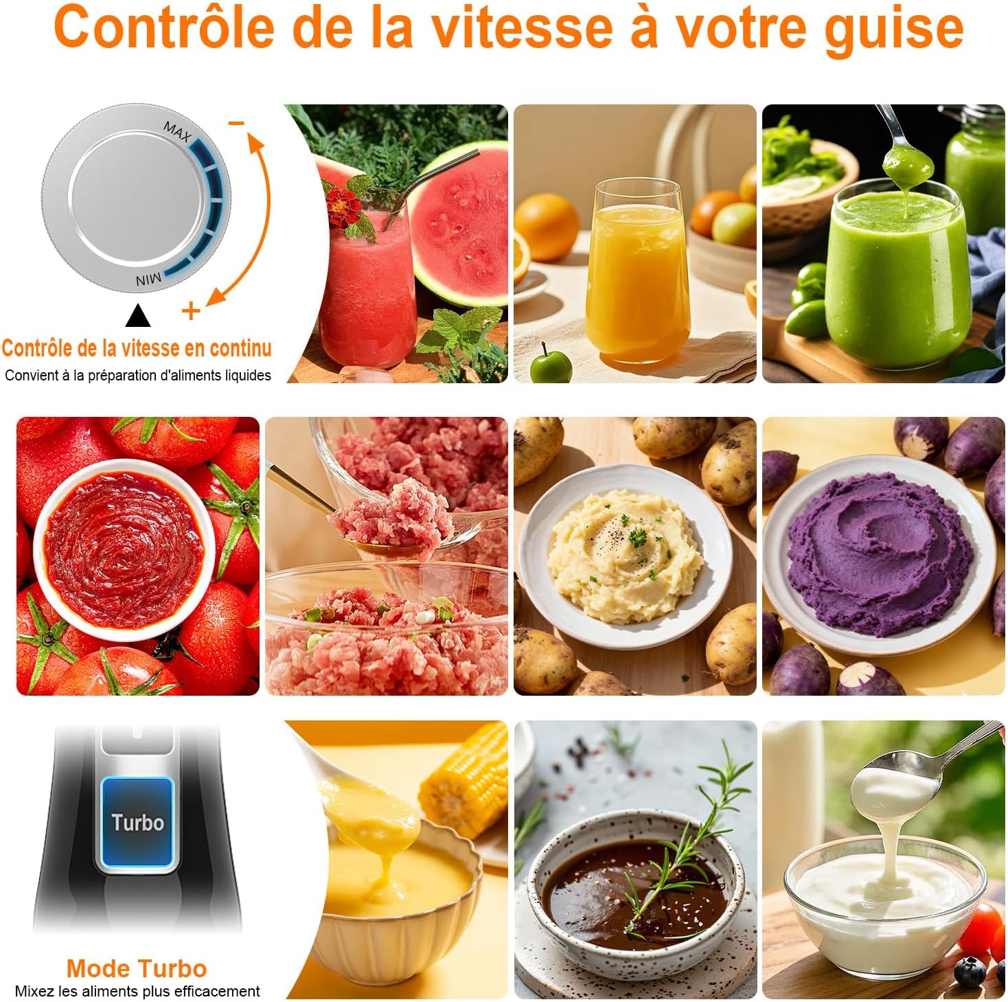 Ibergrif - Mixeur plongeant 4-en-1 acier inox, 1000W, turbo, réglage vitesse