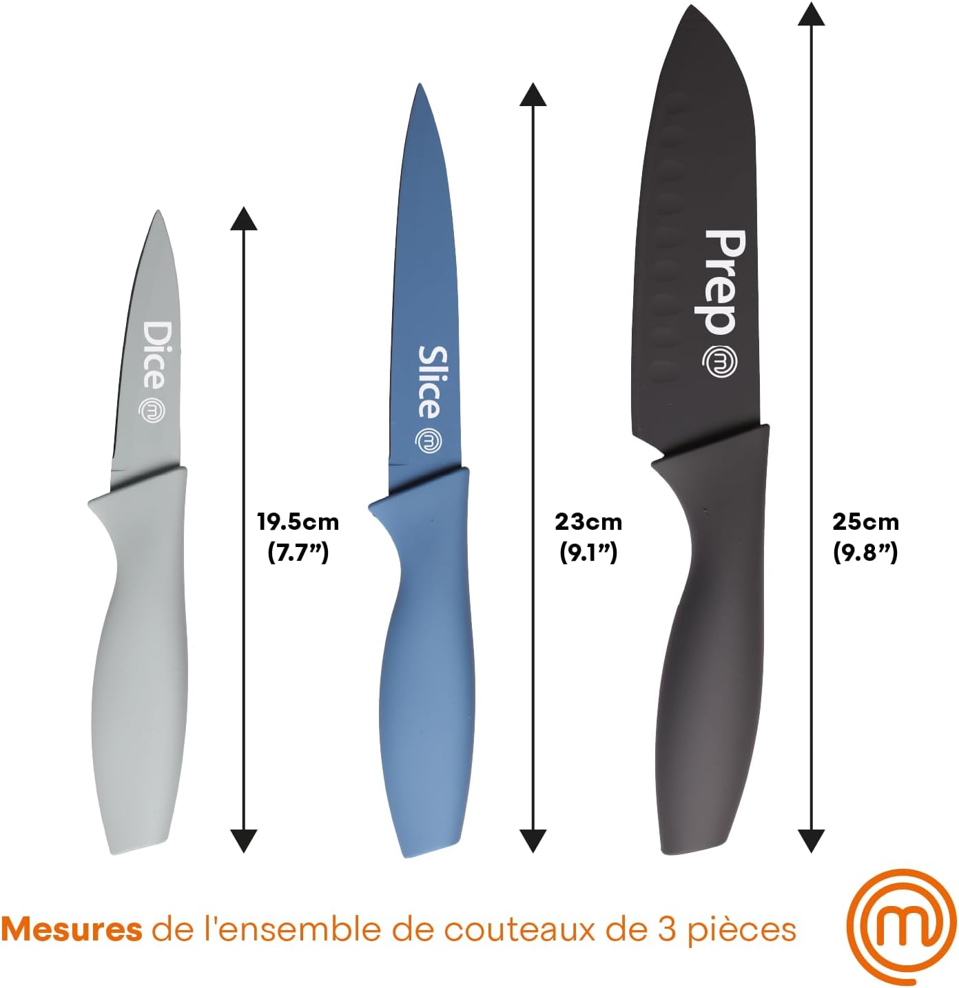 MasterChef - Nordic Collection - 3 pièces - couteaux inox cuisine, lames antiadhésives, poignées ergonomiques