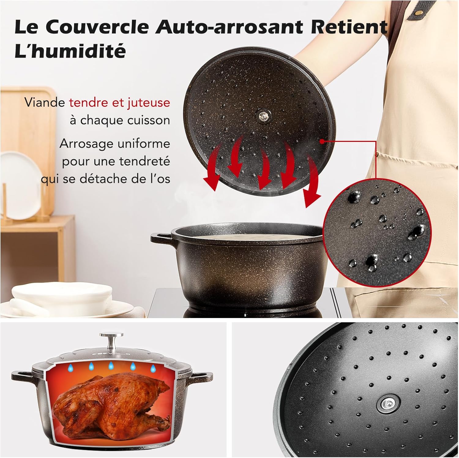 Cocotte en fonte d’aluminium - 28cm - 6,3L, antiadhésif, induction, couvercle
