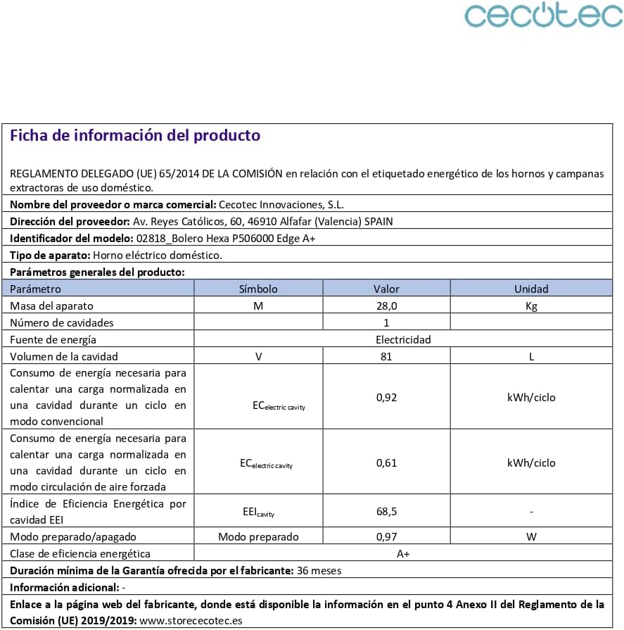 Cecotec - Four pyrolyse 60cm, 81L, 3400W, 11 fonctions Edge P506000