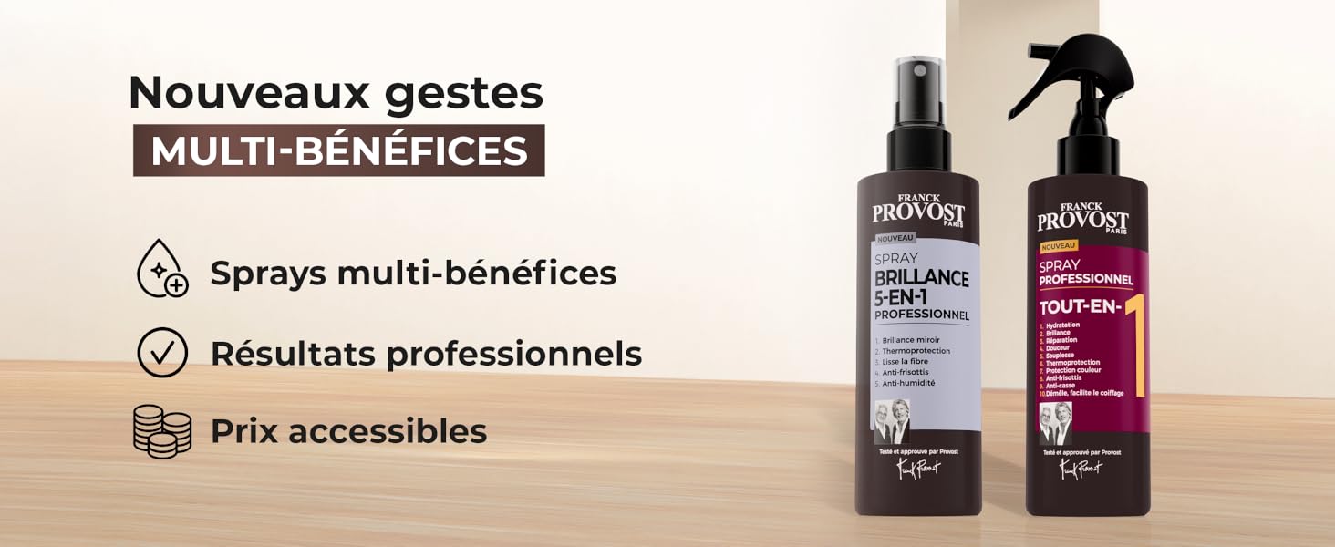 Le texte se lit comme suit : « Nouveaux gestes » et « Résultats professionnels ». Présentoir du produit montrant des bouteilles de couleur foncée sur fond clair.