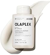 Le texte indique « TRAITEMENT RÉPARATEUR OLAPLEX N°3 HAIR PERFECTOR ». Bouteille blanche avec bouchon rabattable sur fond blanc crème tourbillonnant.