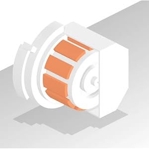 Illustration technique montrant des formes géométriques blanches avec des accents orange dans un arrangement séquentiel, illustrant un concept mécanique ou structurel.