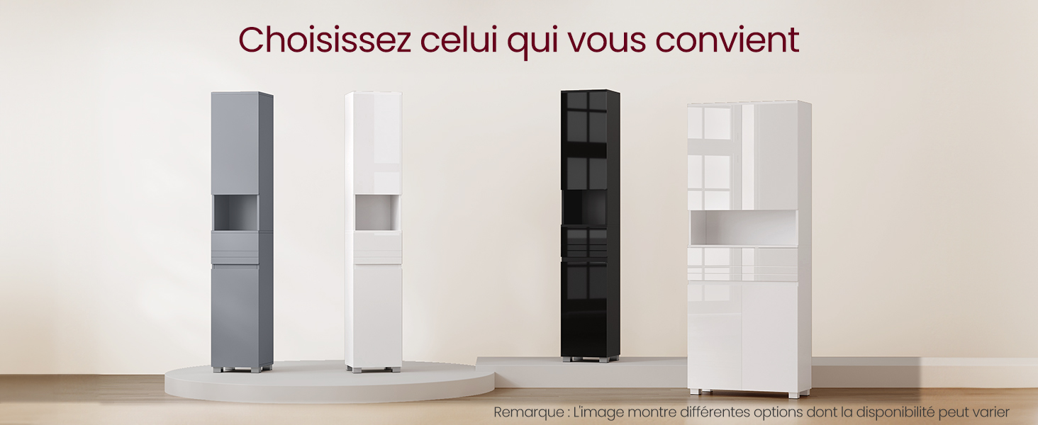 Le texte se lit comme suit : « Choisissez celui qui vous convient ». Couloir intérieur moderne avec plusieurs portes identiques au design blanc minimaliste.