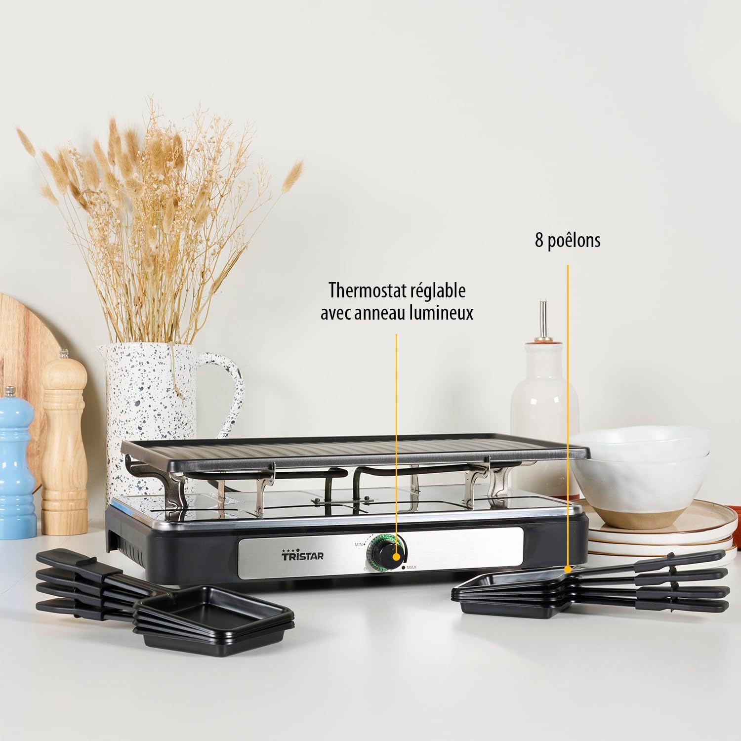 Tristar - Raclette RA-2746 - 42x23 cm - 8 pers, thermostat réglable, 1400W