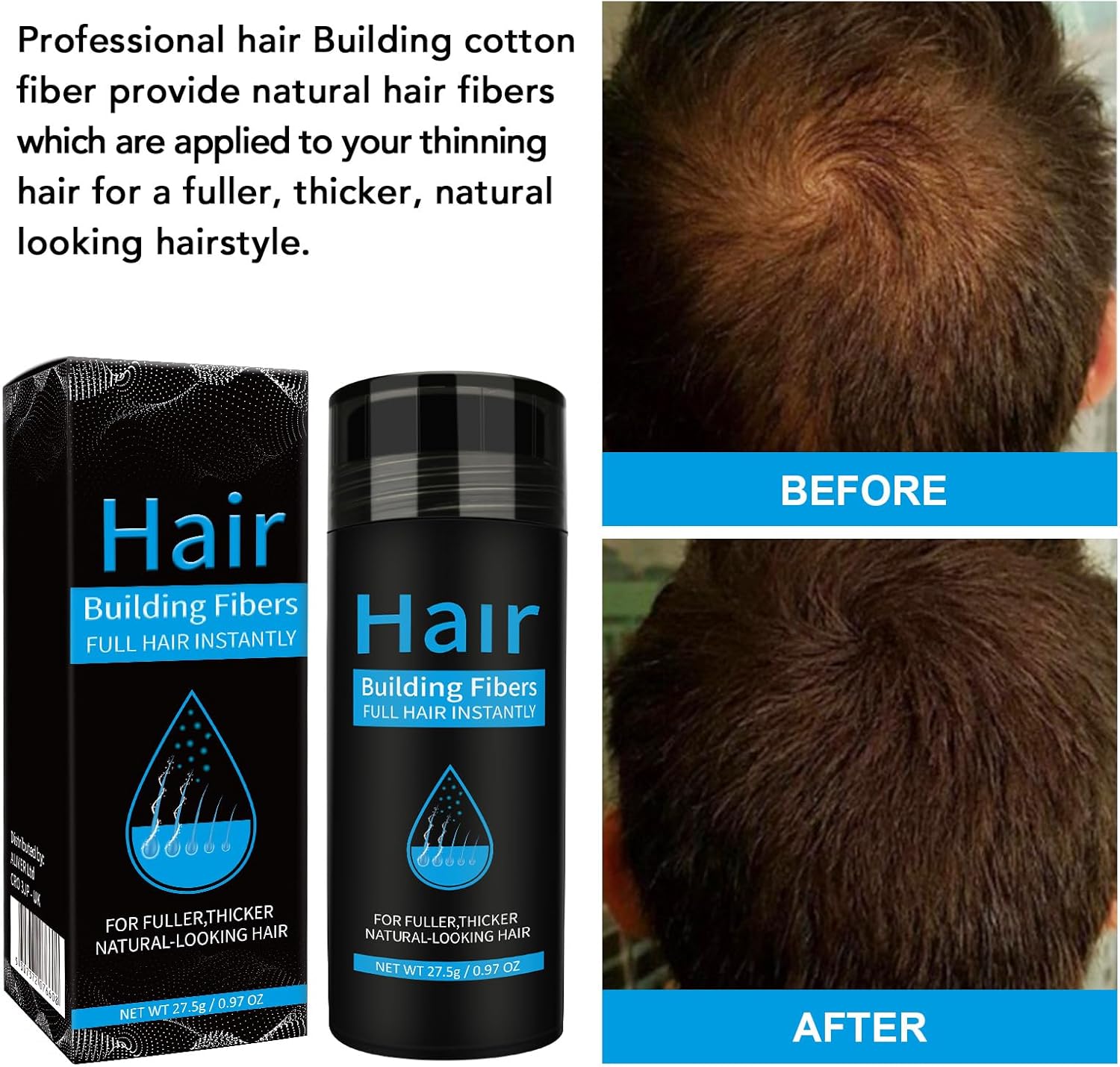 Fibres capillaires spray, correcteur cheveux fins, 2 pièces, noir