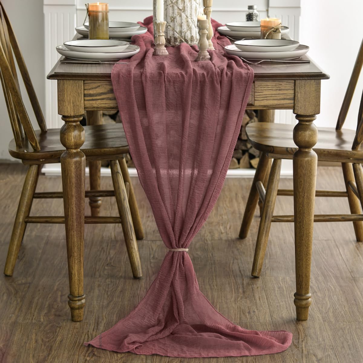 Artoid Mode - Chemin de table Bohême - 300 cm - Gaze mousseline, rouge vin, déco mariage/fête
