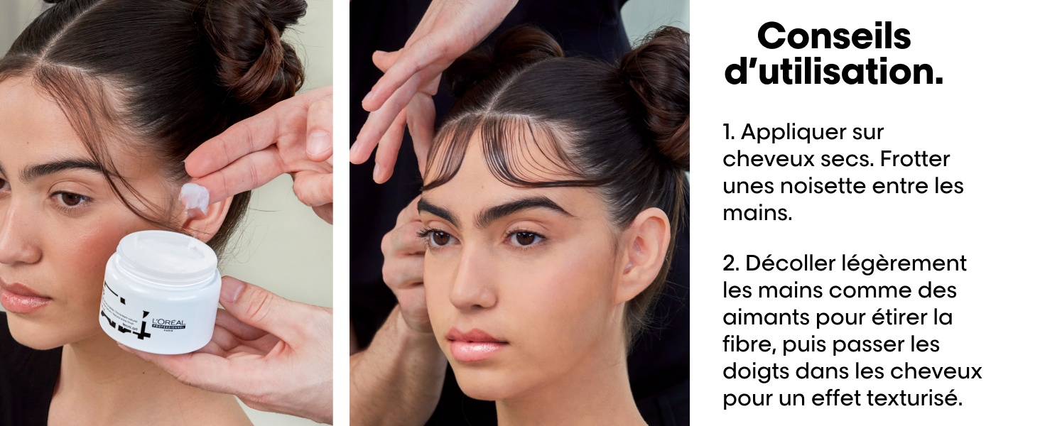 Le texte se lit comme suit : « Conseils d'utilisation ». Série d'images pédagogiques montrant les étapes d'application d'un produit de beauté ou de soin de la peau, illustrant la technique d'application appropriée en plusieurs étapes.