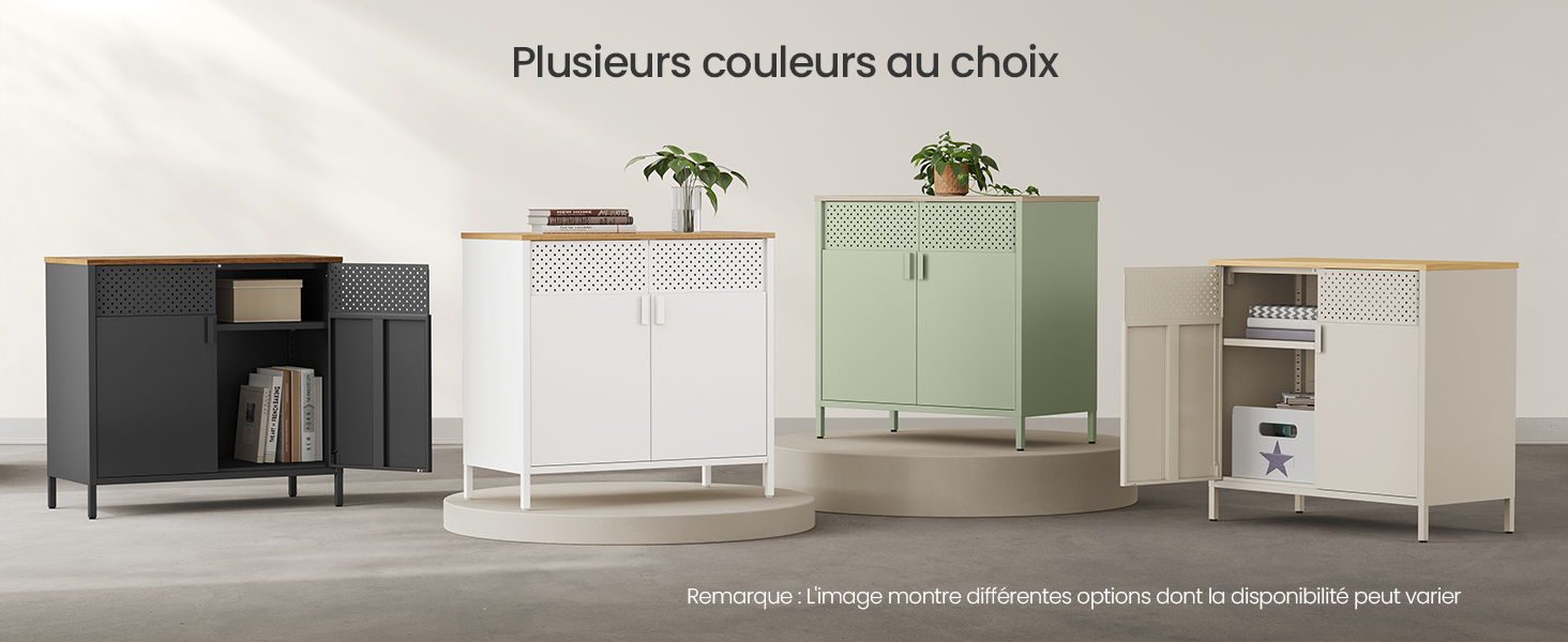 Collection d'armoires de rangement modernes de différentes couleurs, dont le noir, le blanc, le vert sauge et le beige, chacune dotée de portes et de pieds surélevés surmontés de plantes décoratives.