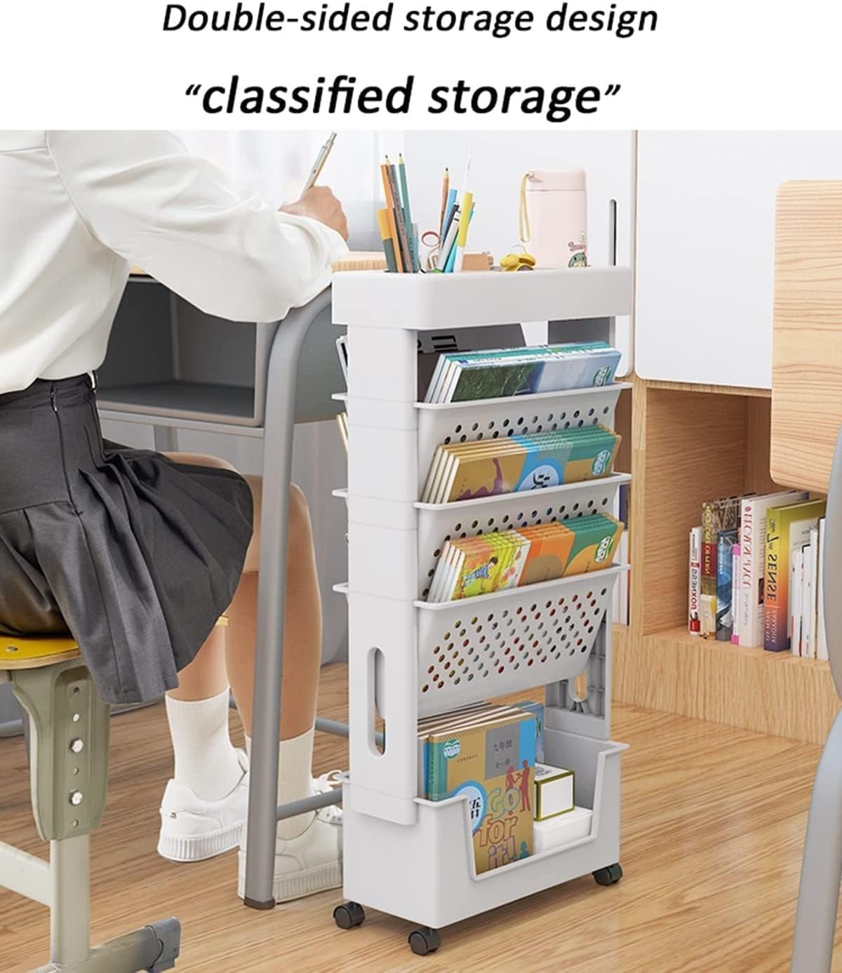 Étagère de bureau mobile - 5 niveaux - roulettes - rangement fin, organisateur porte-revues - pour classe, maison, cuisi