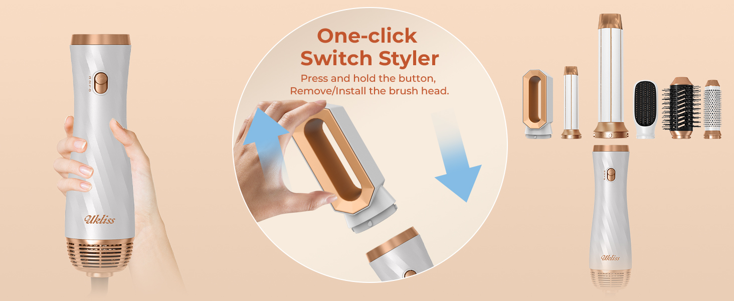 avec mécanisme de commutation en un clic montrant la fonction de tête amovible, plusieurs accessoires de coiffage affichés sur fond beige