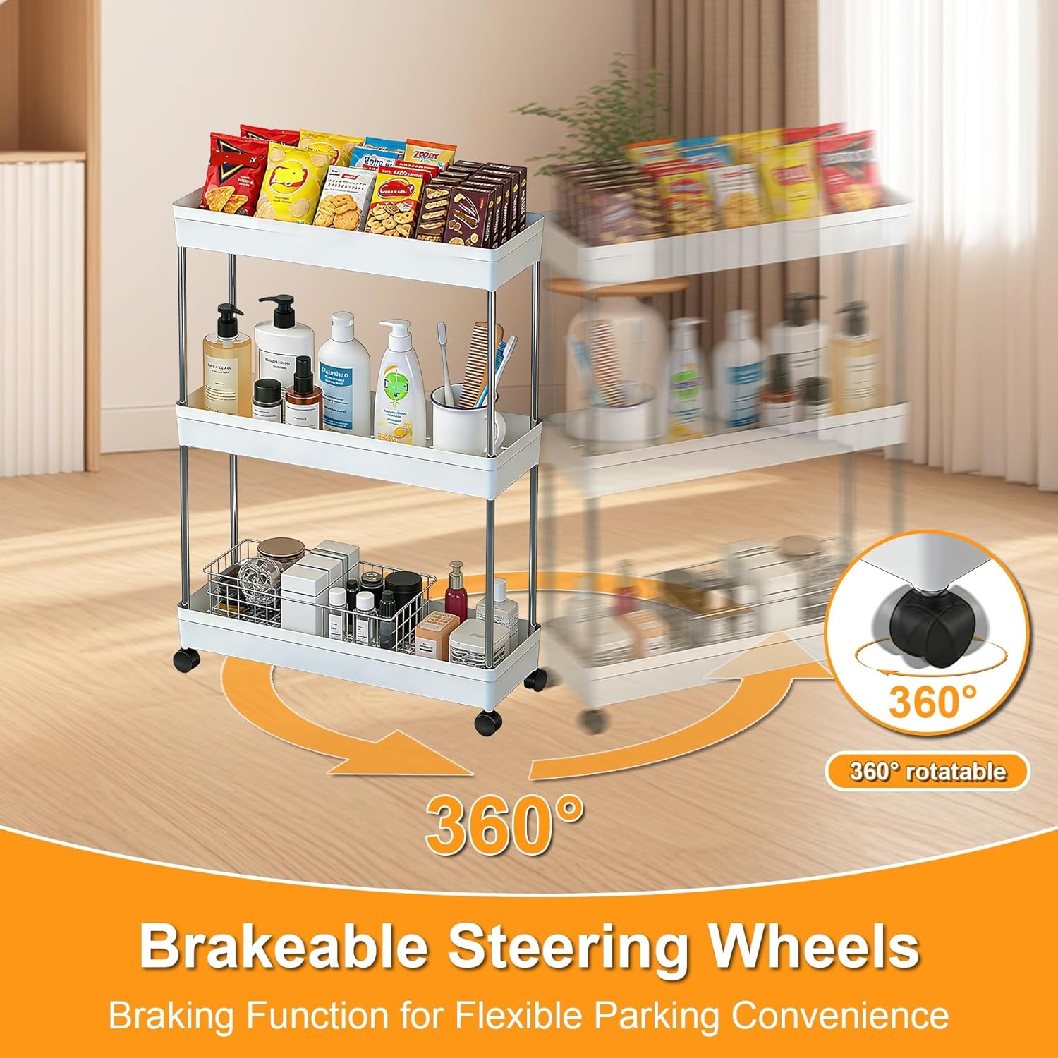 Chariot de rangement 3 niveaux - étagère mobile blanche - cuisine et salle de bain - roulettes robustes - 40x22x86cm