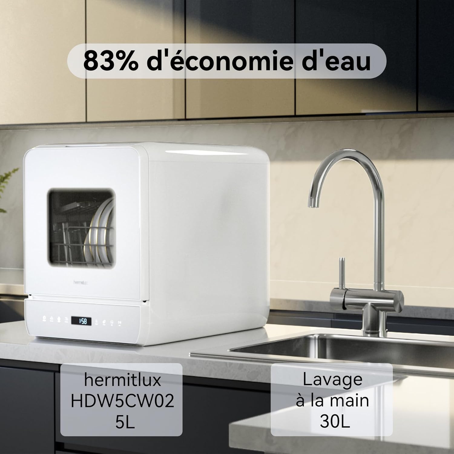 Hermitlux - Mini lave-vaisselle compact, 5 couverts, réservoir 5L, 6+1 programmes