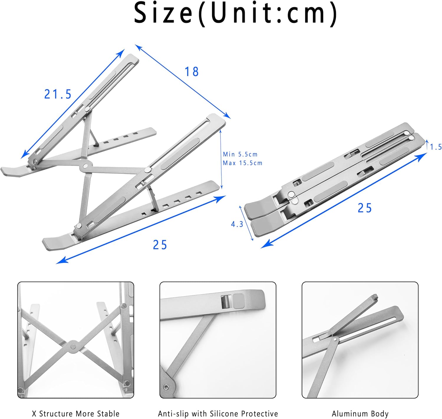 AiTodos - Support ordinateur portable pliable alu léger - 6 réglages, ventilation, compact, argent