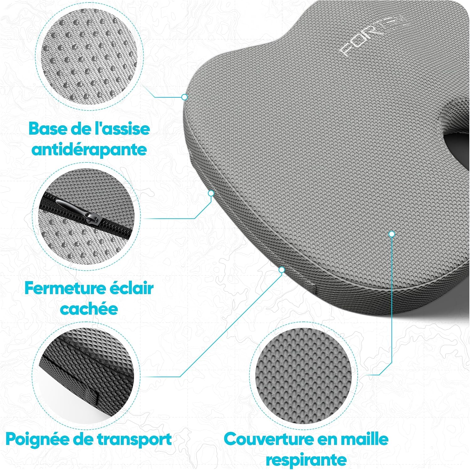FORTEM – Coussin mémoire forme – soutien lombaire/assise – antidérapant, confort, chaise/auto