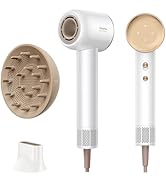 Ensemble de sèche-cheveux à main blanc avec plusieurs accessoires, y compris des têtes de brosse circulaires et des accessoires de coiffage de couleurs beige et blanc.