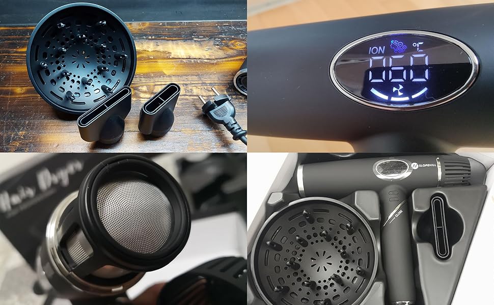 Collage de quatre panneaux montrant un appareil électronique noir avec filtre à mailles, interface d'affichage numérique et divers accessoires. L'appareil semble être un outil de coiffure.