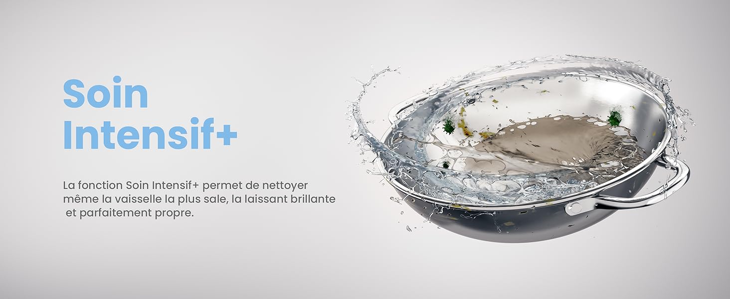 Plateau en acier inoxydable avec des éclaboussures d'eau autour, démontrant une fonction de nettoyage ou de lavage. Le texte en français suggère une fonction de soin intensif ou de nettoyage.