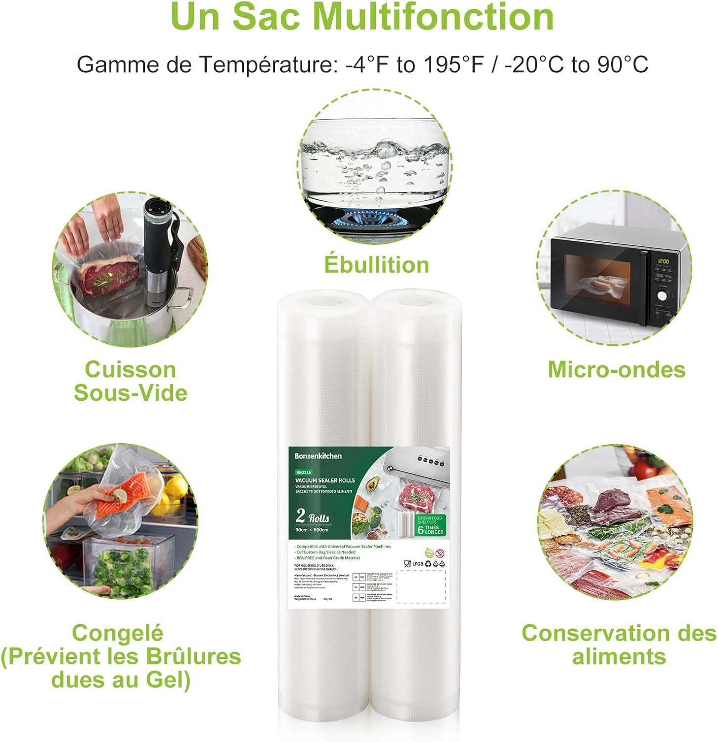 Bonsenkitchen - sacs sous vide 2 rouleaux 30x600cm, sans BPA, VB3216