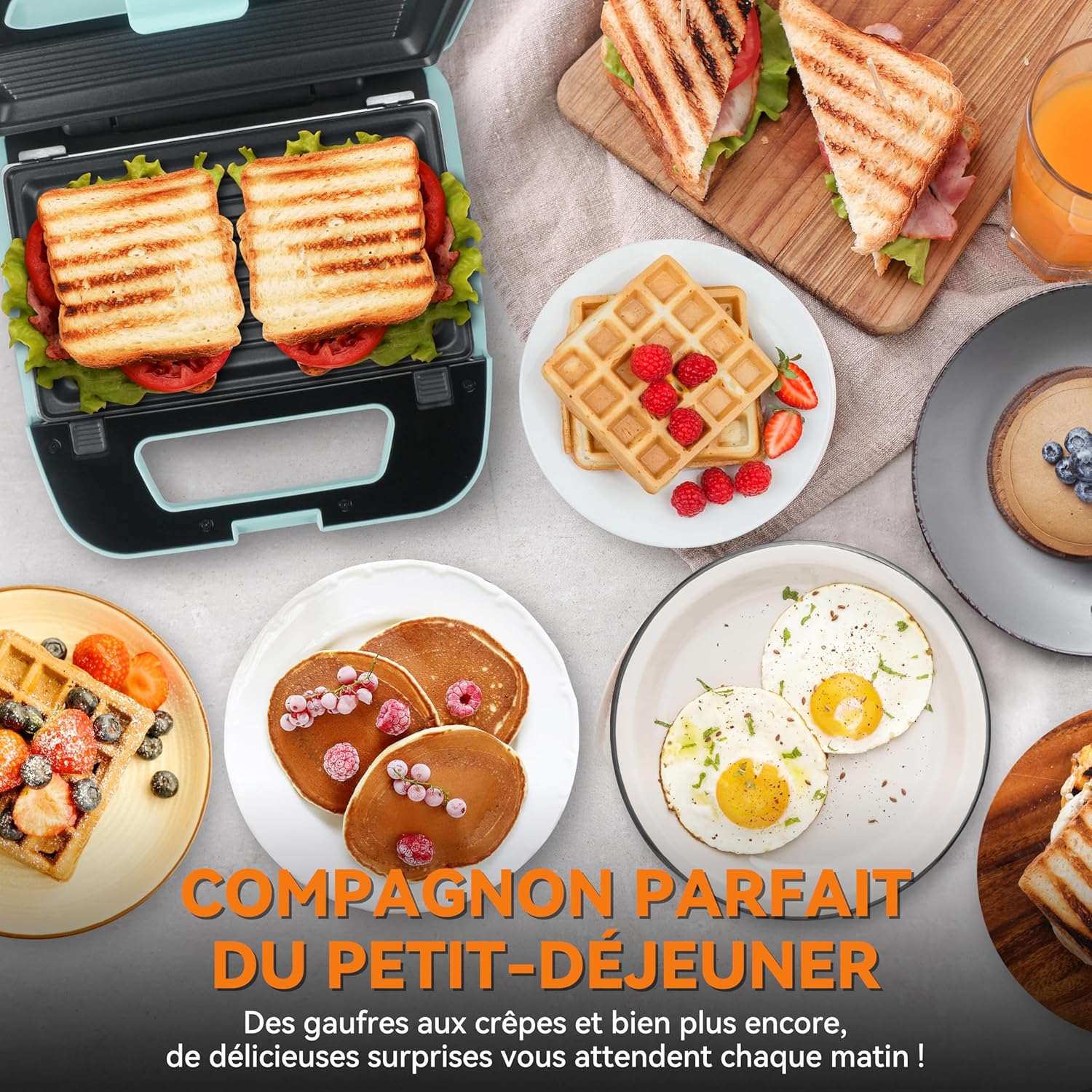 Baker's Friend - Gaufrier 3-en-1 - plaques amovibles antiadhésives - acier inoxydable, aqua