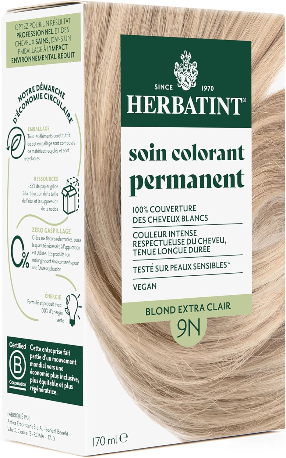 Herbatint - soin colorant permanent - 170 ml - sans ammoniaque, couvre cheveux blancs, extraits végétaux bio, testé peau
