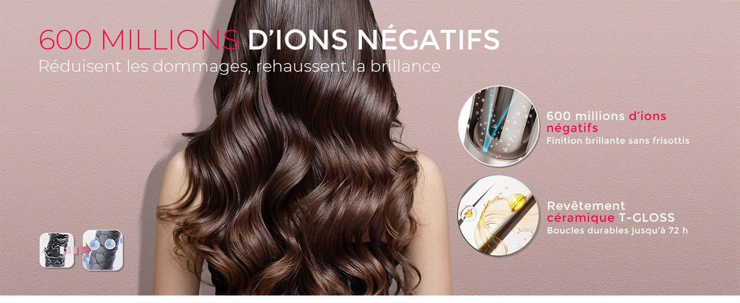 Le texte indique « 600 MILLIONS D'IONS NÉGATIFS ». Publicité du produit montrant les résultats de la coiffure avec des images circulaires en encart illustrant les caractéristiques.