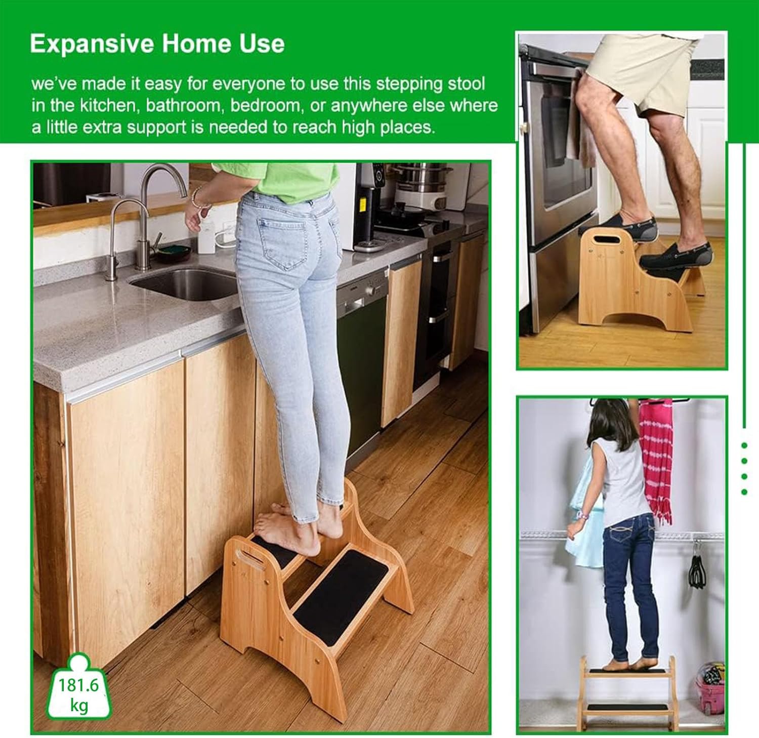 StrongTek - Tabouret 2 marches bois, poignée, 160kg, antidérapant, naturel