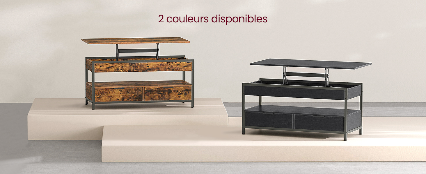 Présentoirs à deux niveaux de couleurs marron et noir, avec des panneaux en verre ou transparents et des cadres en métal, présentés sur