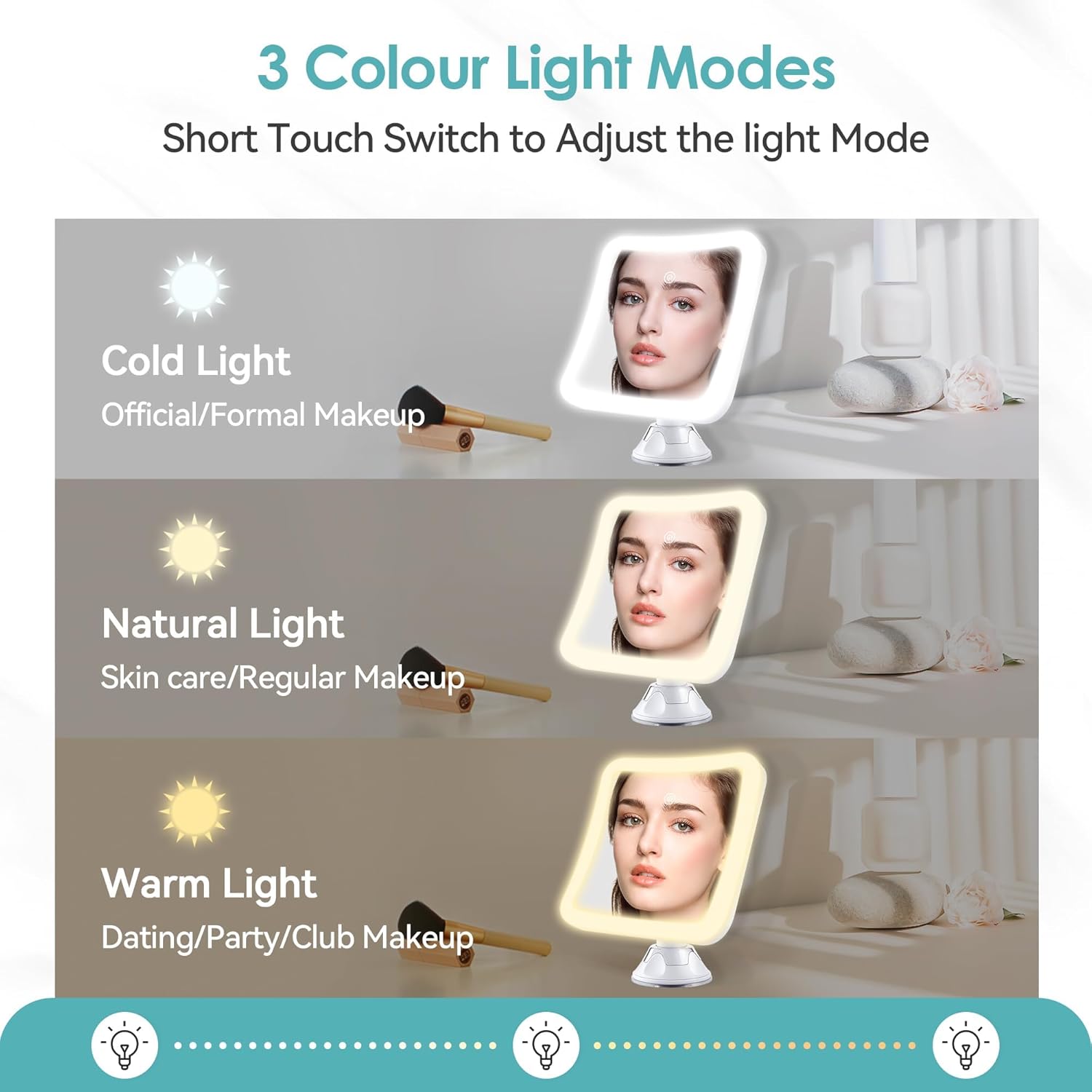 Miroir grossissant carré - 30x - lumineux, tactile, ventouse, rechargeable, rotation 360°