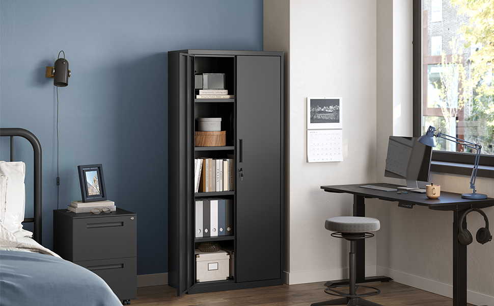 un meuble de rangement noir avec une bibliothèque et un bureau.