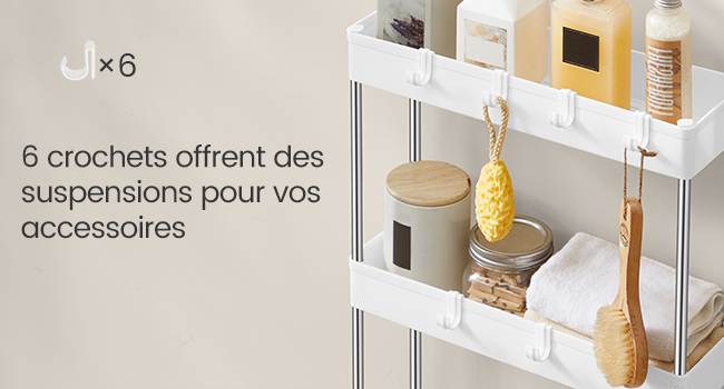 Le texte indique « ×6 » et « 6 crochets offrant des suspensions pour vos accessoires ». Étagère d'organisation de salle de bain avec crochets présentant divers accessoires suspendus.