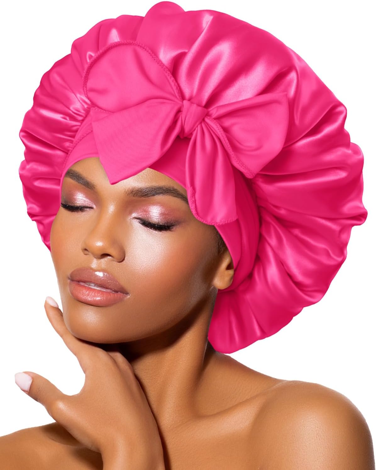 BONNET QUEEN - bonnet satin ajustable, taille moyenne, élastique long, rose vif