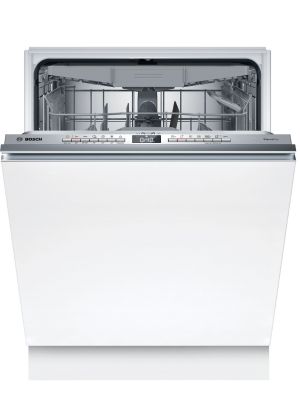 Lave-vaisselle encastré avec panneau frontal et commandes en acier inoxydable. Plusieurs vues montrant les positions fermées et partiellement ouvertes.