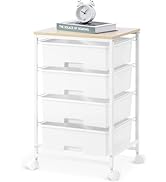 SYKIARIOL Chariot à roulettes à 4 tiroirs, chariot de rangement sur roulettes avec plateau en bois...